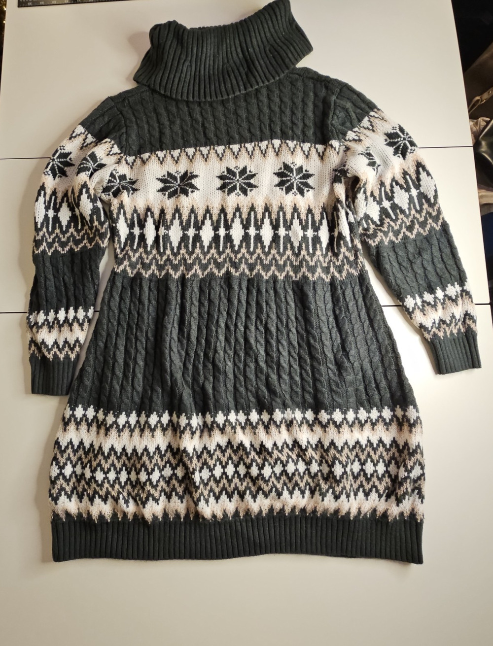 BloomChic 14 16 Fair Isle Turtleneck Sweater Dress Olive Green Nordic Cable Knit
